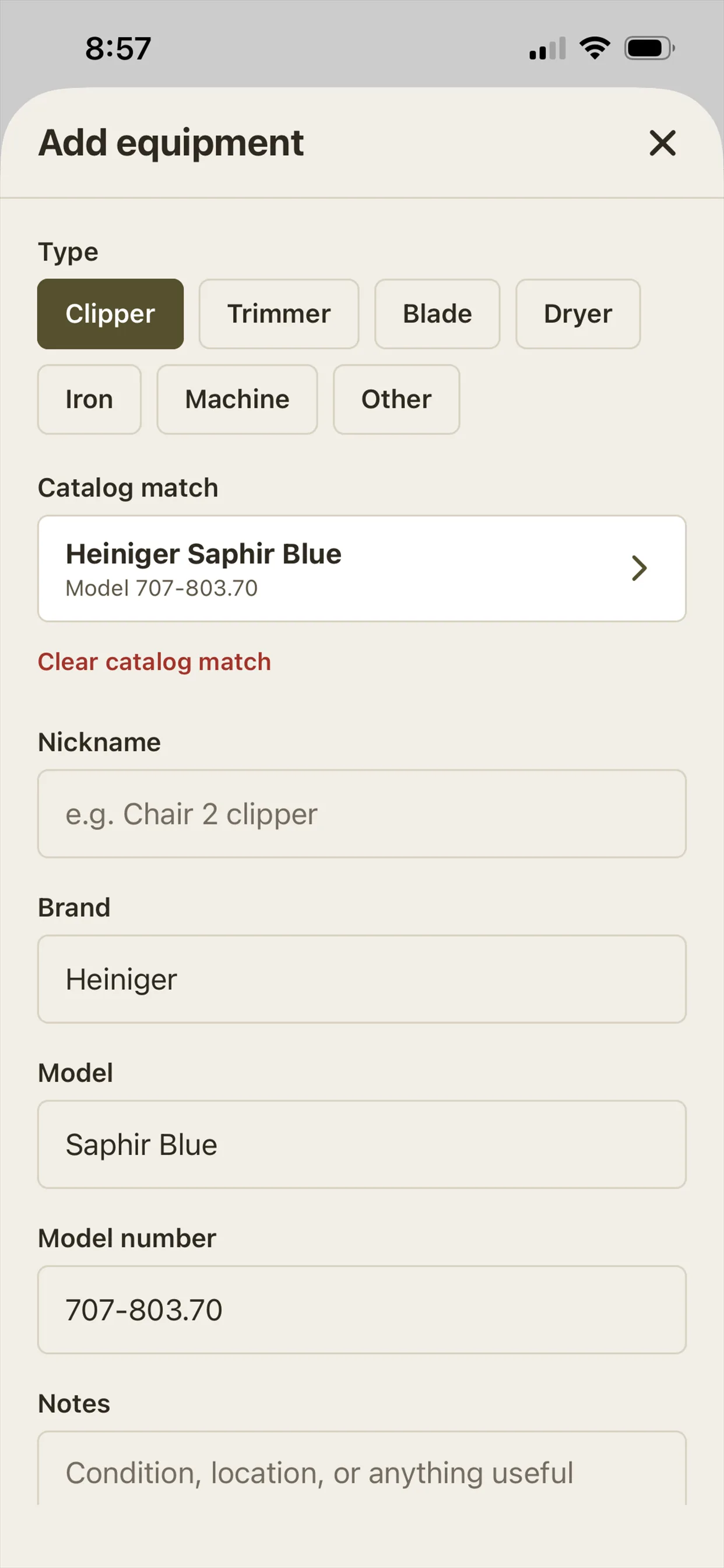 ClipperRepair add-equipment screen with a matched catalog model