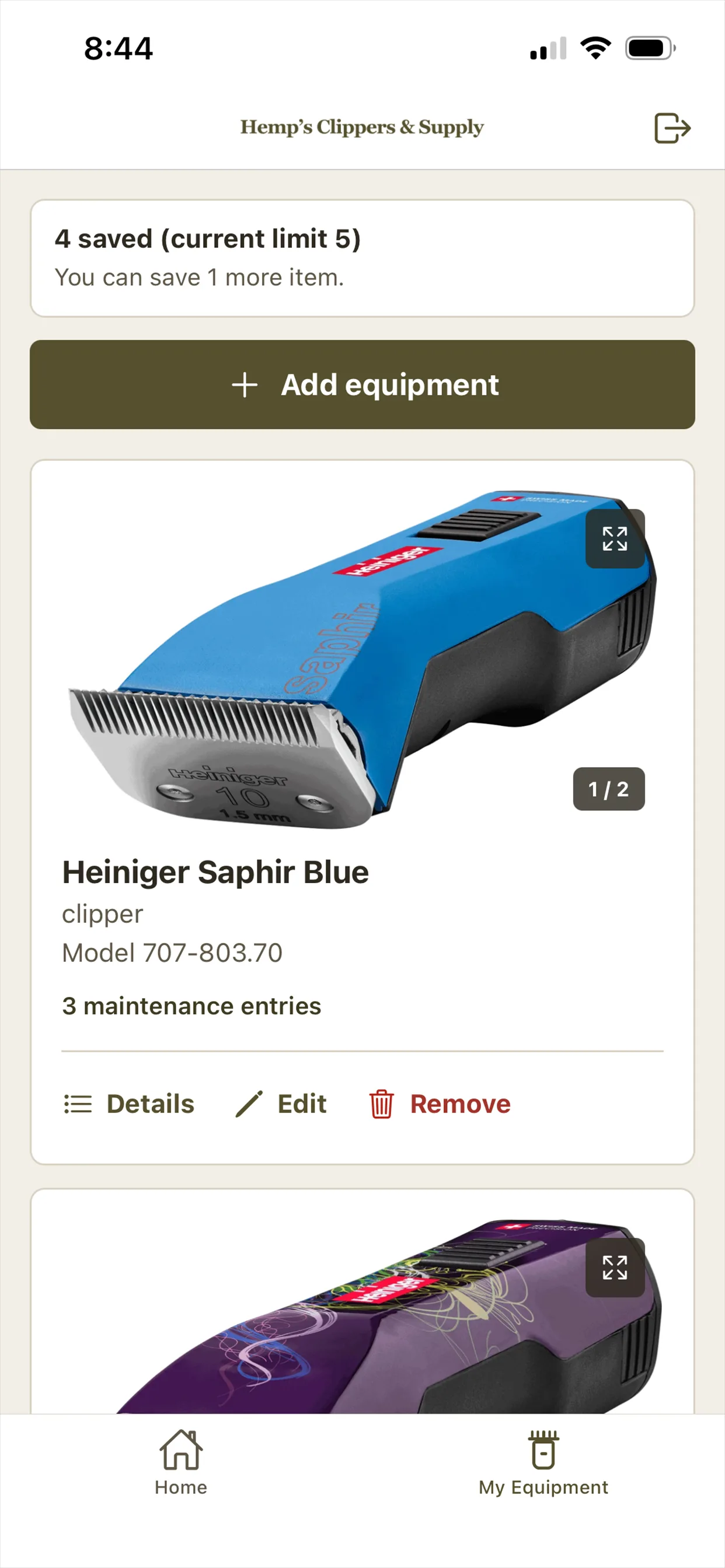 ClipperRepair My Equipment screen with saved clippers and maintenance counts
