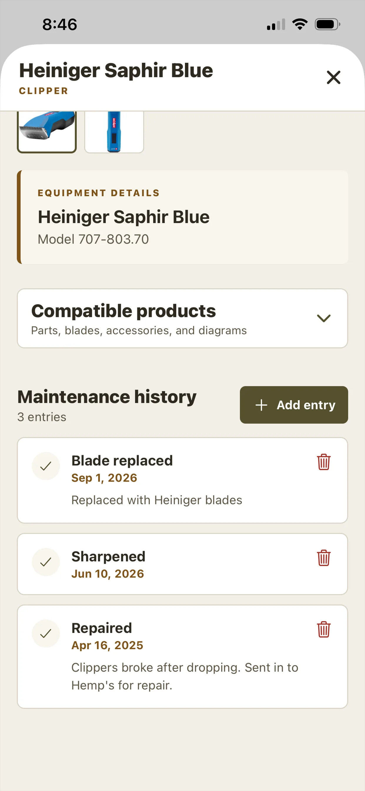 ClipperRepair equipment screen showing repair, sharpening, and blade replacement history