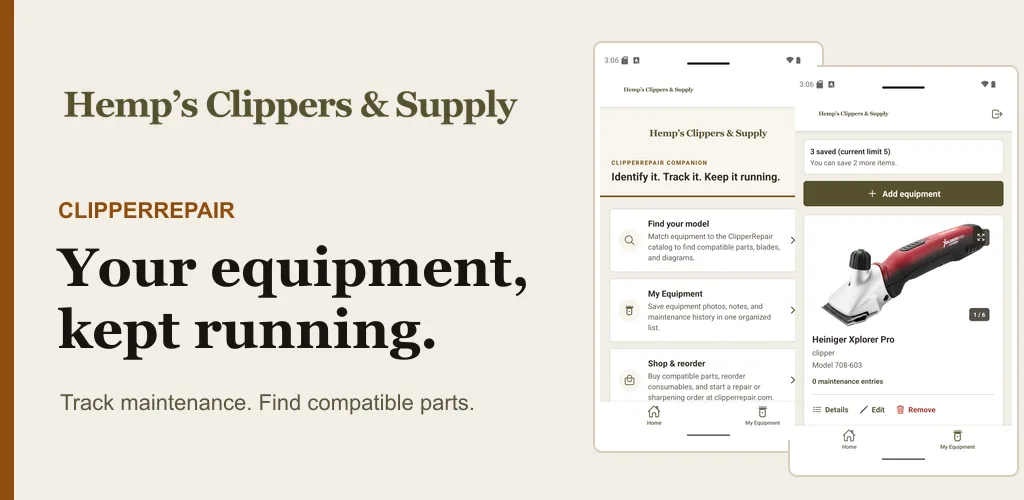 ClipperRepair app campaign showing the home and My Equipment screens